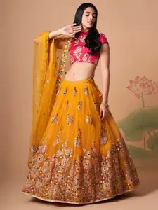 FABPIXEL Embroidered Mirror Work Semi-Stitched Lehenga & Unstitched Blouse With Dupatta