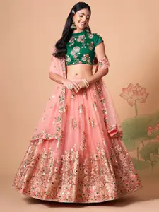 FABPIXEL Embroidered Mirror Work Semi-Stitched Lehenga & Unstitched Blouse With Dupatta