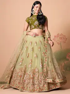 FABPIXEL Embroidered Mirror Work Semi-Stitched Lehenga & Unstitched Blouse With Dupatta