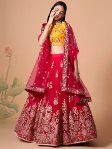 FABPIXEL Embroidered Mirror Work Semi-Stitched Lehenga & Unstitched Blouse With Dupatta