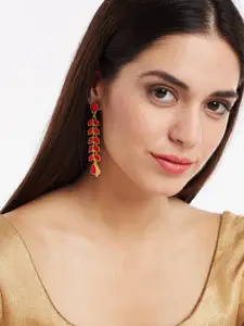 PANASH Gold-Plated & Red Teardrop-Shaped Drop Earrings