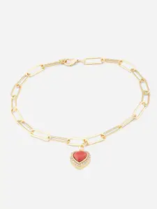 MINUTIAE Gold-Plated Onyx Studded Heart Shaped Charm Anklet