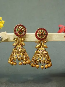 GRIIHAM Red & Gold-Plated Dome Shaped Jhumkas Earrings