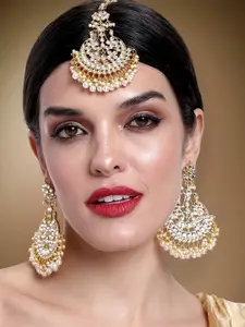 Peora Gold-Plated White Kundan & Faux Beads Studded Earring & Maang Tikka Set Jewellery