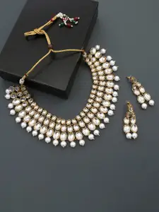 Peora Gold-Plated Jadau Kundan Studded Pearl Choker Necklace & Earrings Jewellery Set