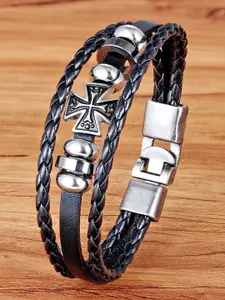 ZIVOM Men Leather Antique Silver-Plated Wraparound Bracelet