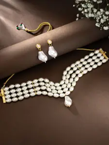 Peora Gold-Plated Pearl Choker Necklace & Drop Earrings