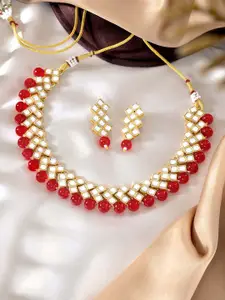 Peora Gold Plated Red Kundan & Pearl Studded Choker Necklace with Earrings
