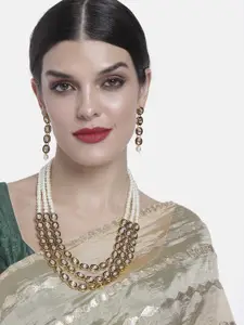 Peora Women 18K Gold-Plated Kundan Studded & Beaded Necklace & Earrings