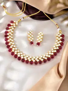 Peora Gold Plated Maroon Kundan & Pearl Studded Choker Necklace with Earrings