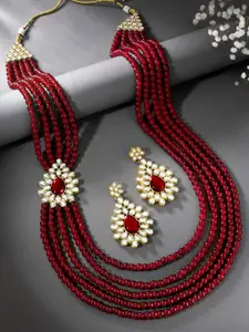 Peora Indian Gold-Plated Kundan Pearl Multi Layered Long Necklace Jewellery Set