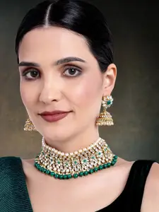 Peora Fashion Gold-Plated Kundan Faux Pearl Choker Necklace & Earring Jewellery Set