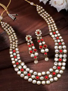 Peora Gold Plated Maroon Kundan Studded Long Necklace & Earrings Set