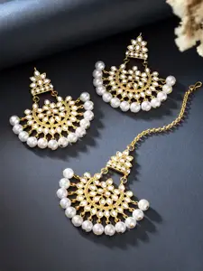Peora Gold Plated White Chandbalis Kundan Faux Beads Earring & Maang Tikka