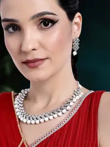 Peora Fashion Rhodium-Plated Kundan Choker Necklace & Earring Jewellery Set