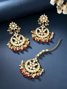 Peora Traditional Gold-Plated Kundan & Pearl Maang Tika & Earrings Jewellery Set