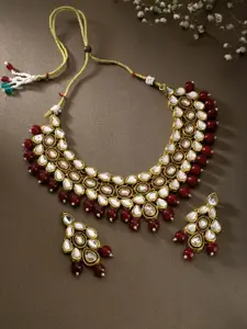 Peora Fashion Gold Plated Maroon & White Pearl Studded Choker Necklace & Earrings