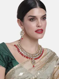 Peora Gold Plated Red Pearl & Kundan Stone Studded Choker Necklace & Earring Set