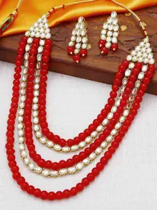 Peora Traditional Gold-Plated Kundan Pearl Multi Layer Necklace & Earrings Jewellery Set
