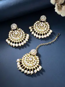 Peora Traditional White Gold-Plated Kundan Studded Earring Maang Tikka Jewellery Set
