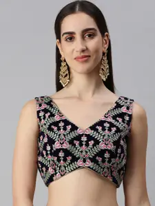 flaher Women Embroidered Velvet Ready To Wear Padded Saree Blouse