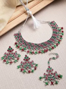 ZENEME Silver-Plated Pearl Studded Oxidised Meenakari Necklace Earring & Mangtikka Jewellery Set