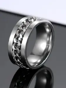 UNIVERSITY TRENDZ Men Silver-Plated Lucky Chain Embedded Anxiety relief Fidget Spinner Finger Ring