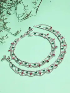 ZENEME Set Of 2 Silver-Plated Oxidised Stoned Studded & Beaded Anklets