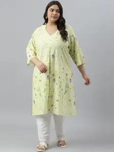 W Plus Size V-Neck Floral Printed Regular Kurta