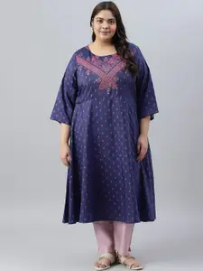 W Plus Size Ethnic Motifs Printed Flared Sleeves A-Line Regular Kurta