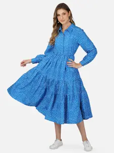 Tinted Blue Floral Crepe A-Line Midi Dress