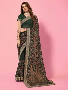 Mitera Green & Red Floral Embroidered Saree