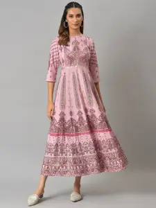 W Pink Ethnic Motifs Midi Fit And Flare Ethnic Dress
