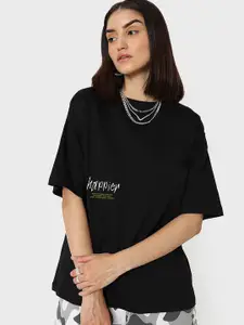 Bewakoof Women Black Typography V-Neck Pure Cotton Oversized T-shirt