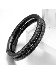 ZIVOM Men Leather Rhodium-Plated Multistrand Bracelet