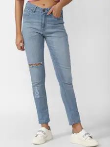 FOREVER 21 Women Mid Rise Mildly Distressed Light Fade Jeans