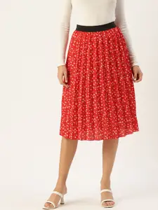 U&F Women Floral Print Flared Pleated A-Line Midi Skirt