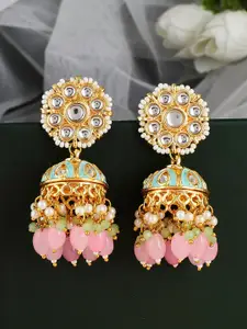 DASTOOR Gold-Plated Kundan Contemporary Jhumkas Earrings