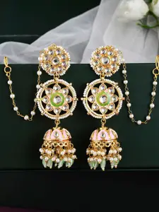 DASTOOR Gold-Plated Kundan Studded Contemporary Jhumkas Earrings