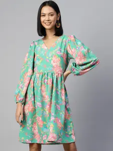 plusS Sea Green & Pink Floral A-Line Dress