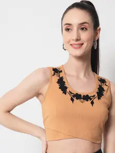 Yaadleen Mustard Embroidered Crop Fitted Cotton Top