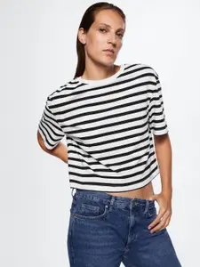MANGO Women Striped Drop-Shoulder Sleeves Pure Cotton T-shirt