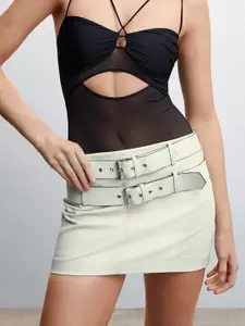 MANGO Buckles Detail Low-Waist Leather Straight Mini Skirt