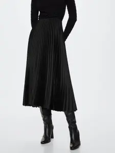 MANGO Women Solid Accordion Pleated Satin A-Line Midi Skirt