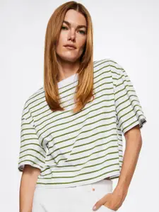 MANGO Women Cotton Sustainable Striped Drop-Shoulder Sleeves T-shirt