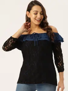 WISSTLER Floral Off-Shoulder Laced Top With Ruffles