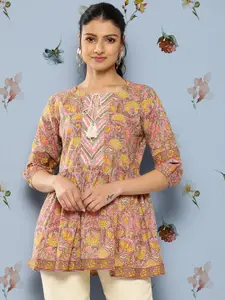 Libas Floral Printed Tie-Up Neck Puff Sleeves Pure Cotton Kurti