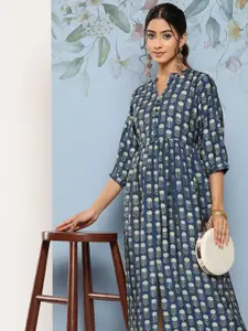 Libas Floral Print Puff Sleeves A-Line Midi Ethnic Dress
