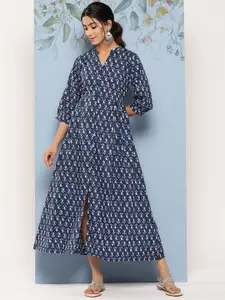 Libas A-Line Puff Sleeves Printed Cotton Midi Ethnic Dress