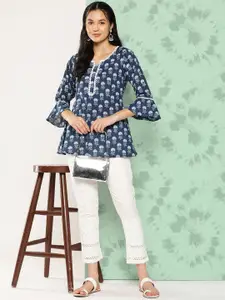 Libas Blue Floral Printed Flared Sleeves Pure Cotton Kurti